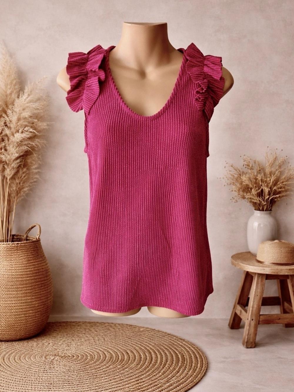 Blue Buttercup Short Sleeve Ruffled Ribbed Red Blouse